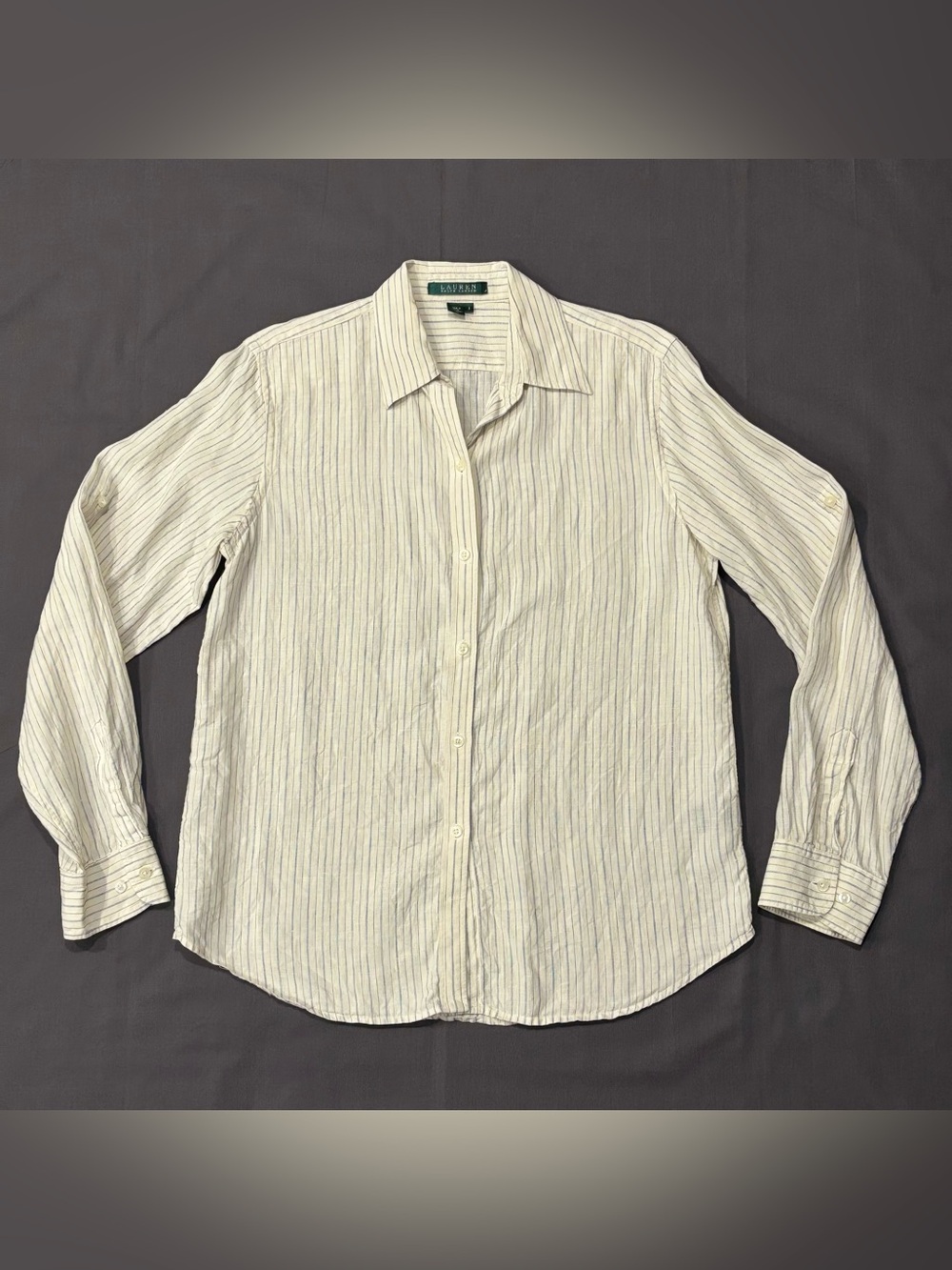 Lauren Ralph Lauren Linen Pinstripe Roll Tab Long Sleeve Button Down Shirt Small